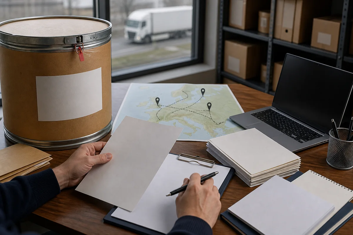 EU supplement trade desk with a sealed PS drum, cross-border route markers, and a blank customs and notification file with a closer quality-review detail