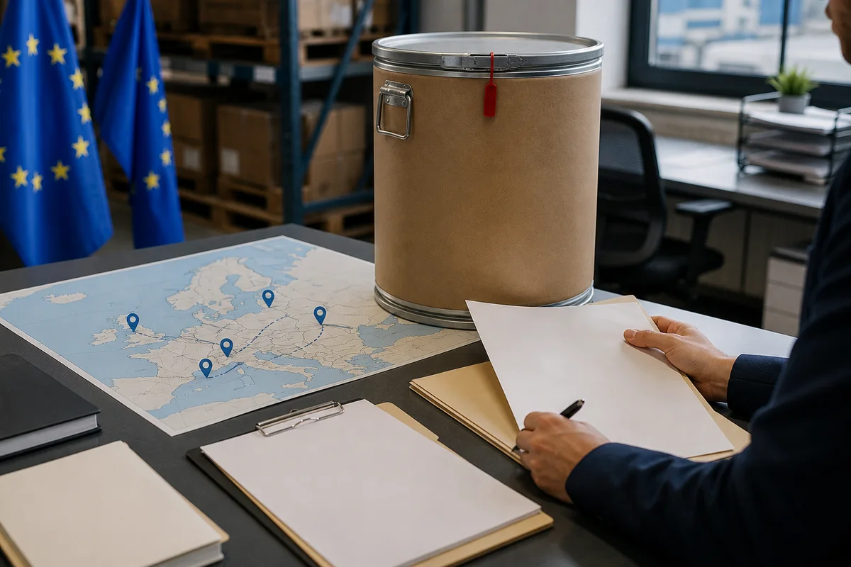 EU supplement trade desk with a sealed PS drum, cross-border route markers, and a blank customs and notification file