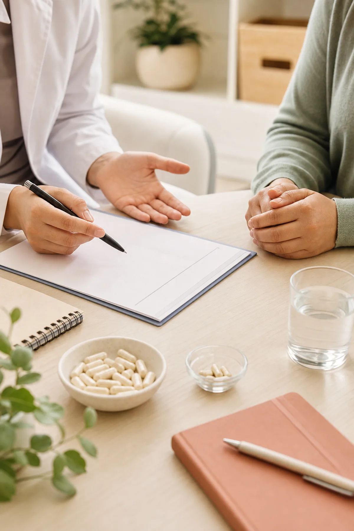 Maternal nutrition counseling table with prenatal capsules, blank clinical review sheets, and clinician-patient hands in discussion
