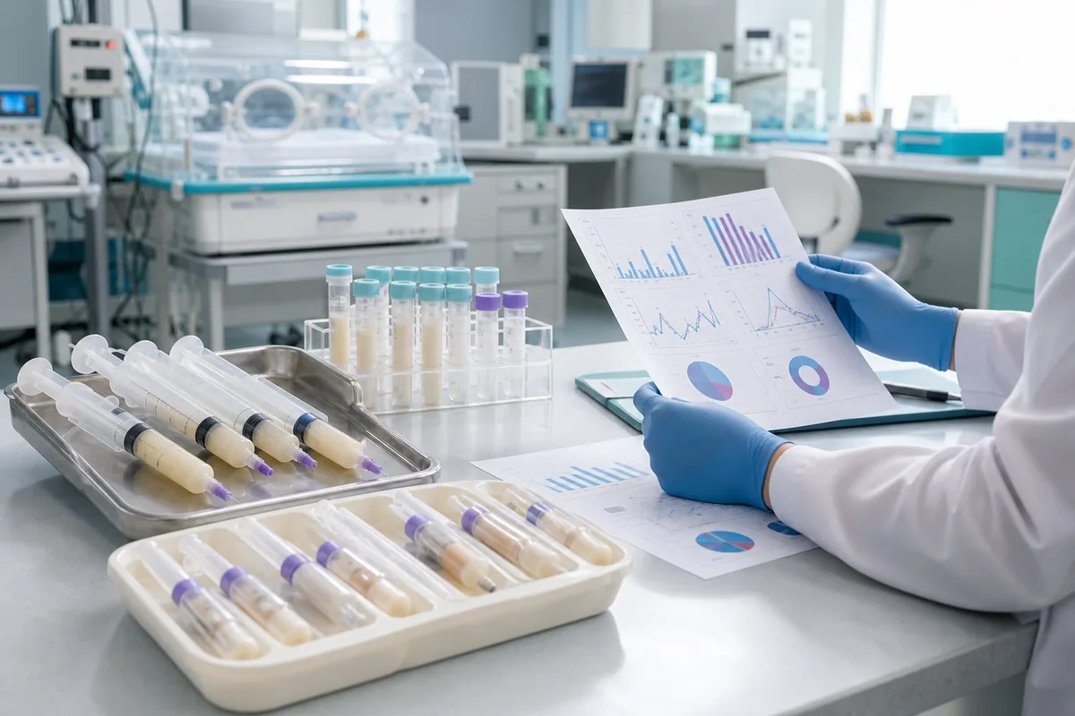 Neonatal nutrition research setup with feeding syringes, sample tubes, and a clinician reviewing preterm infant nutrition data
