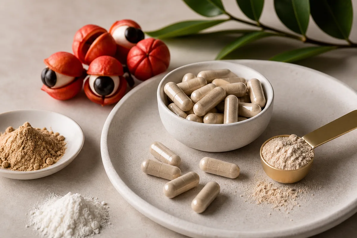 Open nootropic capsule scene with guarana fruit, neutral powder piles, and a clean-label formula card without text