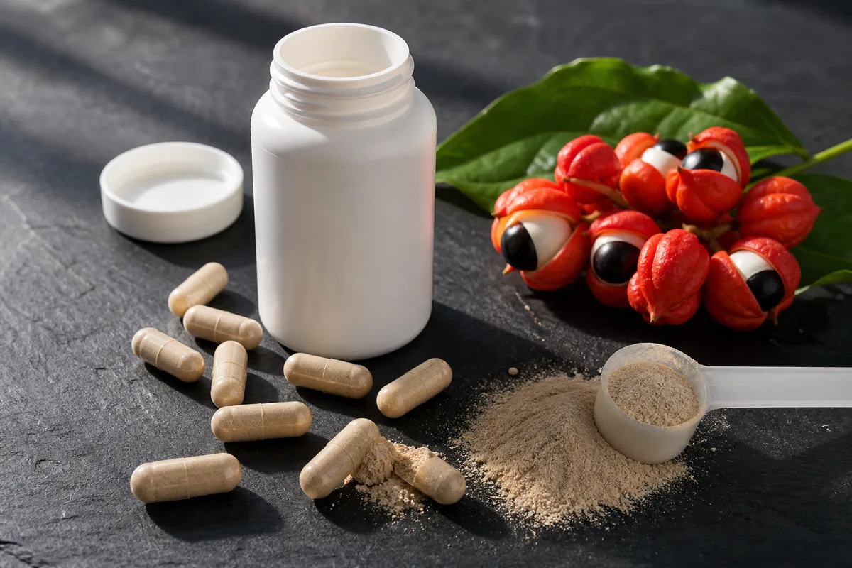 Two open capsules beside fresh guarana pods and a scoop of pale powder on dark slate with morning side light