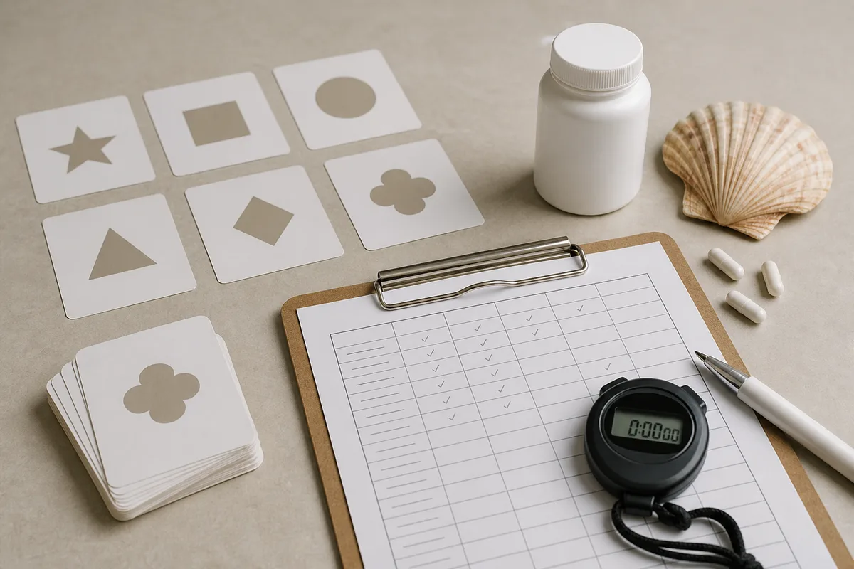 Memory-card assessment materials with unbranded capsules and a clinical scoring sheet in a quiet trial room