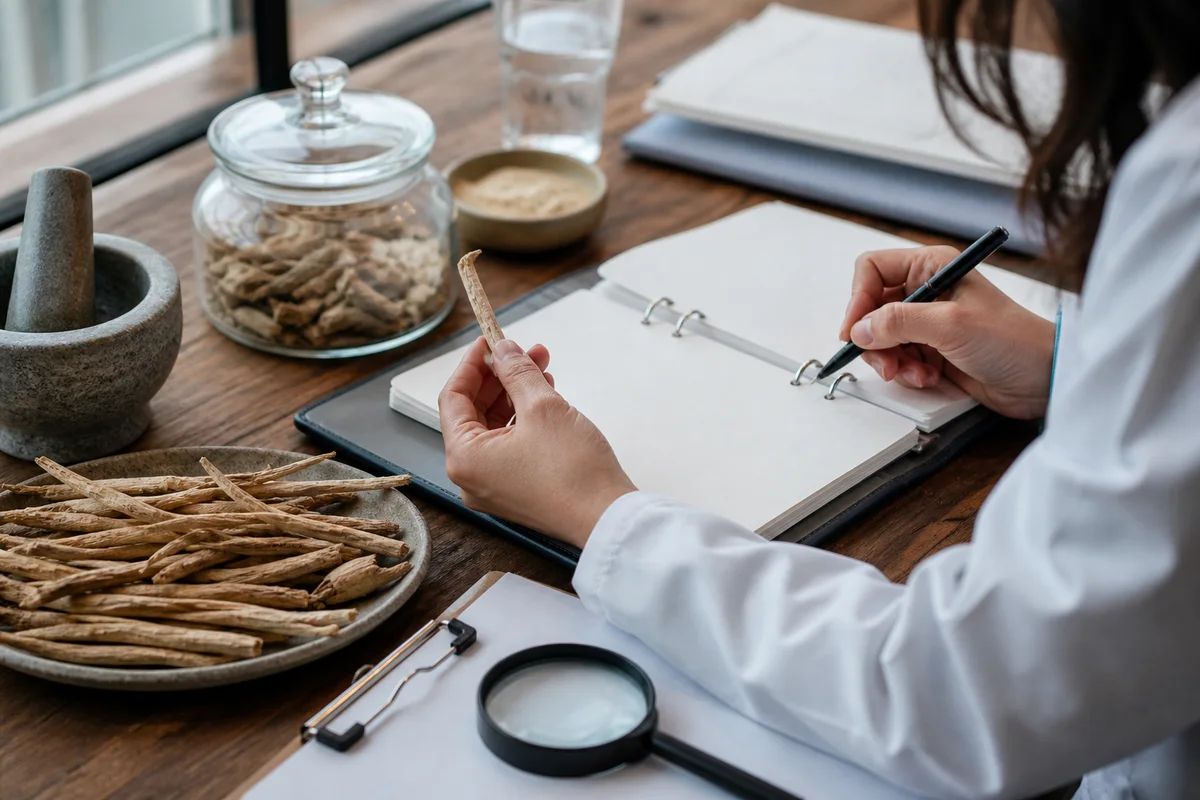 Clinical nutrition research desk with botanical sample, blank study binder, and supplement formulation notes in soft daylight with a closer quality-review detail