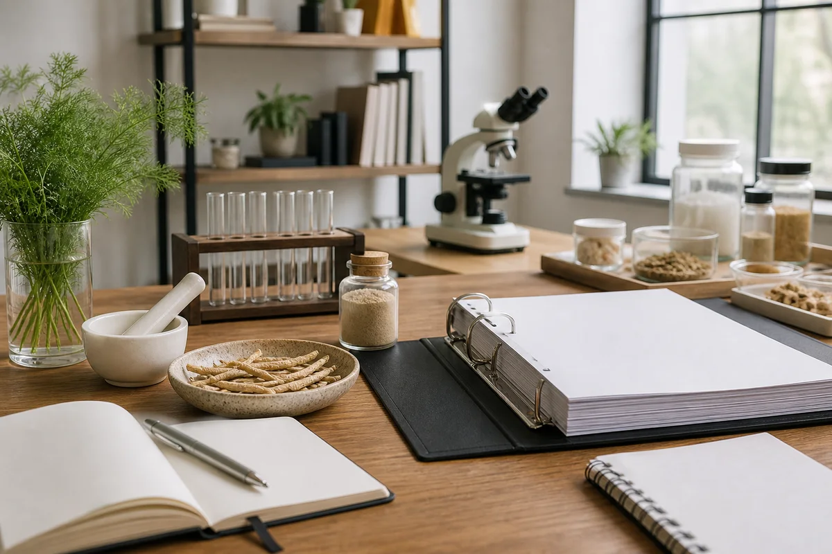 Clinical nutrition research desk with botanical sample, blank study binder, and supplement formulation notes in soft daylight