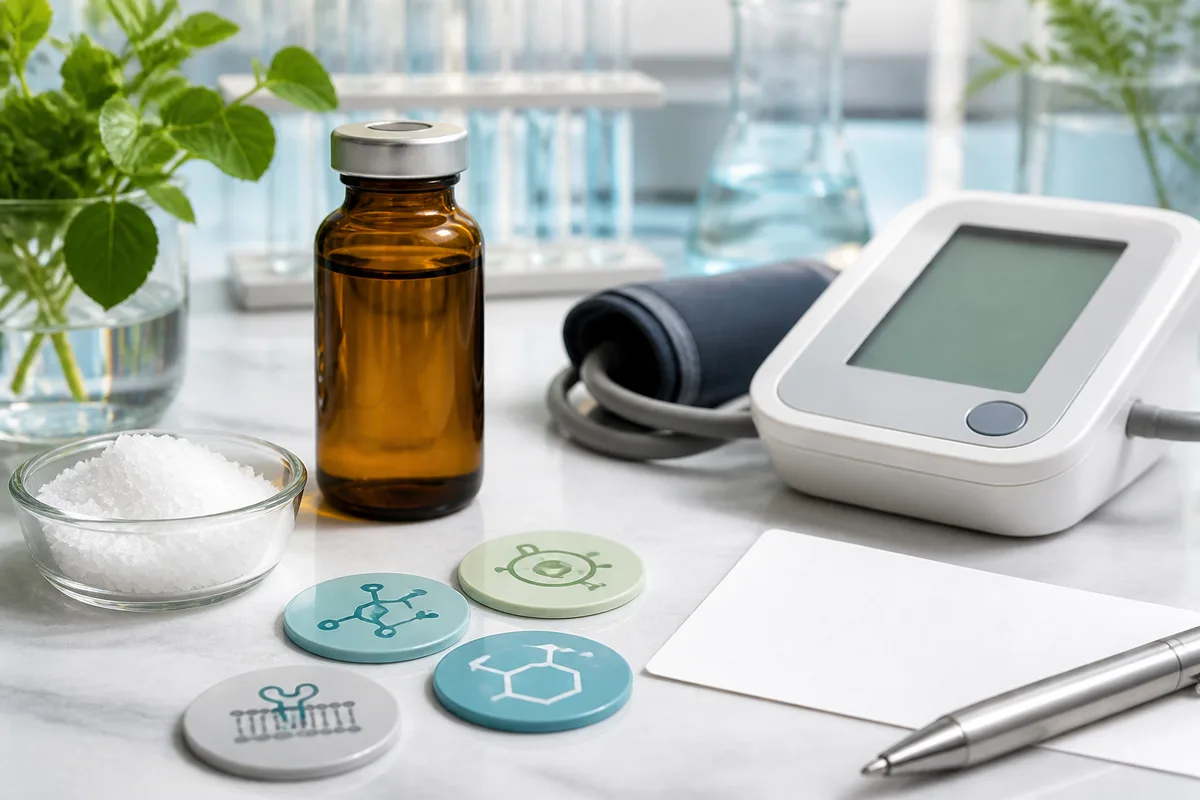Amber lysolecithin bottle beside salt, a blood pressure monitor, and signaling tokens