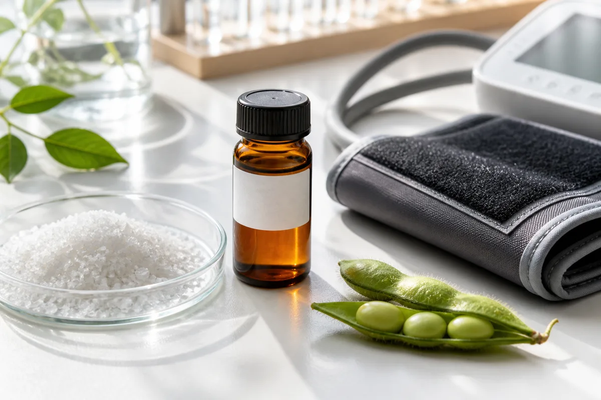 Tabletop nutrition research arrangement with salt crystals in a small dish, a blood pressure monitor, and an amber lysolecithin sample vial