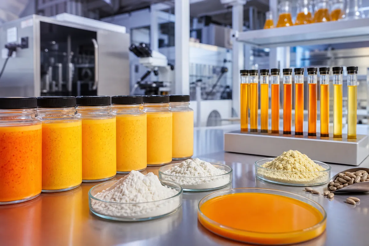 Amber beta-carotene emulsion jars with sunflower lecithin samples and a stability test setup under bright lab lighting