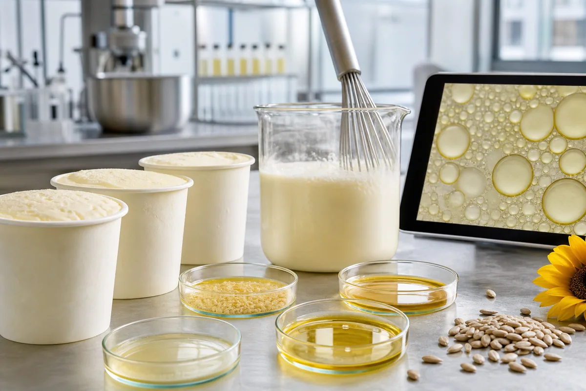 Ice cream formulation bench with sunflower phospholipid samples, frozen emulsion cups, and a microscope image of fine fat droplets