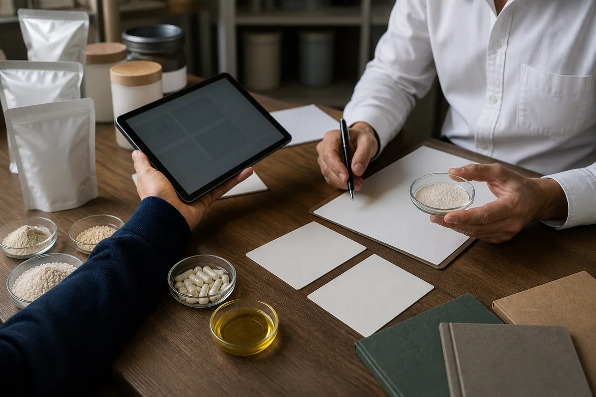Personalized nutrition planning desk with unbranded ingredient samples, blank formulation cards, and a tablet showing abstract data blocks with a closer quality-review detail