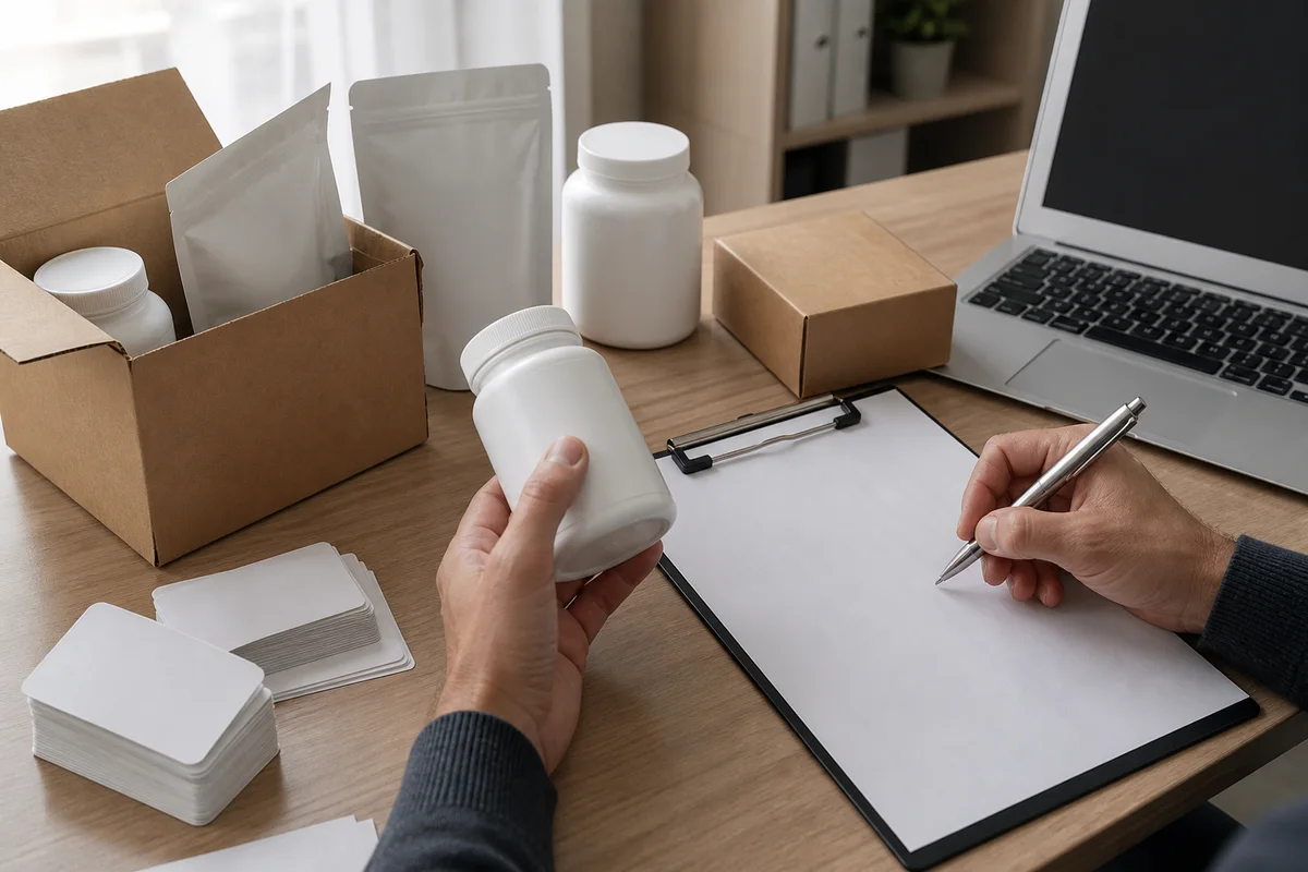 UK supplement commerce review with blank recurring-order cards, unbranded product packages, and a compliance checklist beside a laptop with a closer quality-review detail