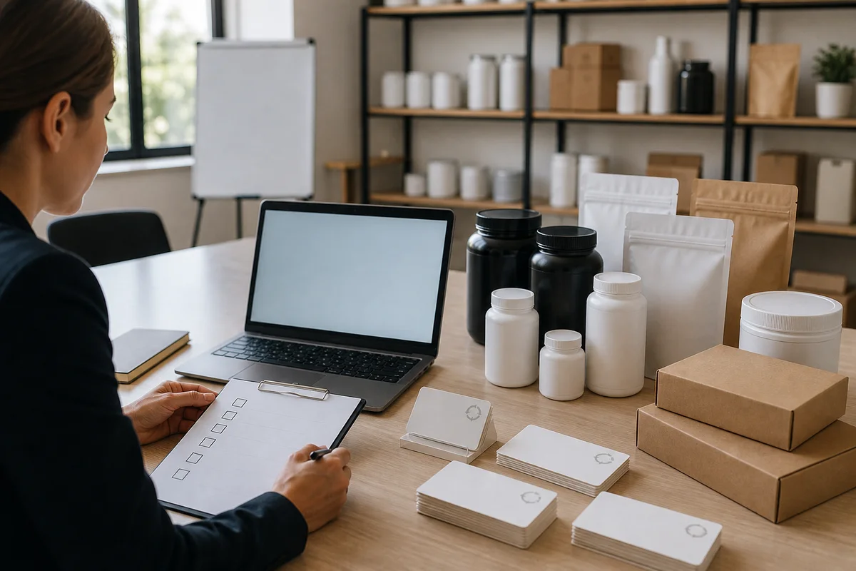 UK supplement commerce review with blank recurring-order cards, unbranded product packages, and a compliance checklist beside a laptop