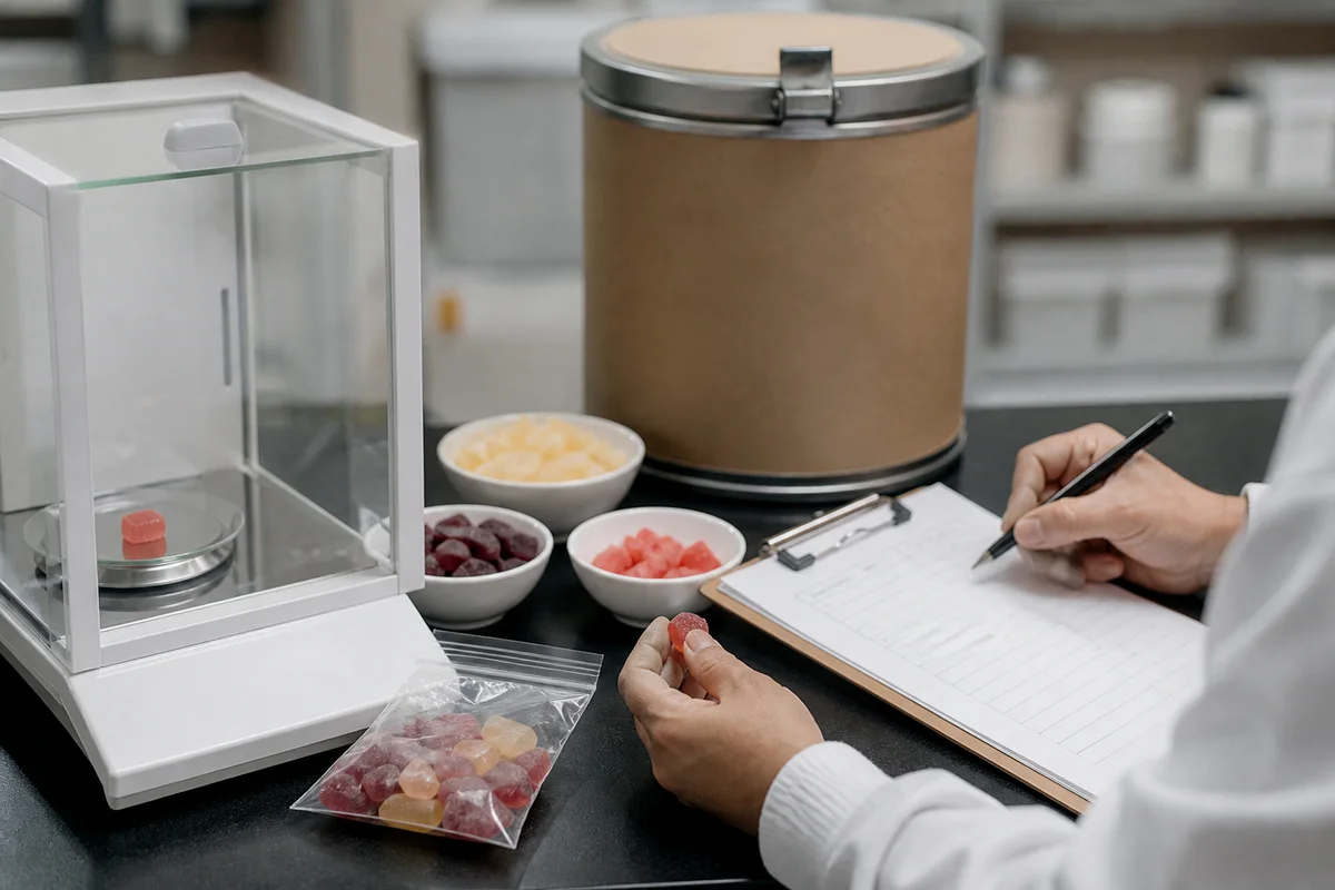 Quality-control bench with unbranded gummy samples, a balance, sealed ingredient drum, and a marketplace testing checklist with a closer quality-review detail