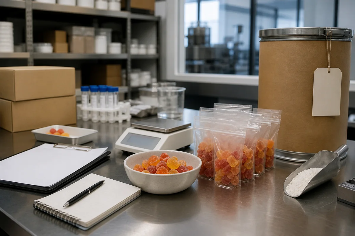Quality-control bench with unbranded gummy samples, a balance, sealed ingredient drum, and a marketplace testing checklist