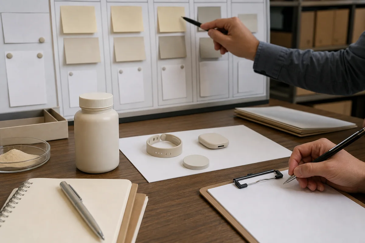 Connected wellness product planning desk with an unbranded supplement bottle, blank device components, and a regulatory classification board with a closer quality-review detail