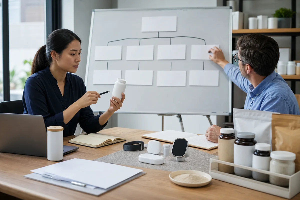 Connected wellness product planning desk with an unbranded supplement bottle, blank device components, and a regulatory classification board