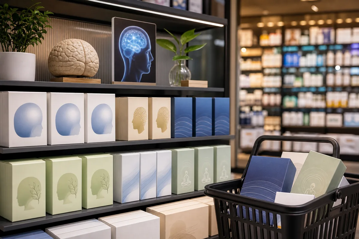 Korean wellness retail shelf concept with unbranded PS packs, checkout display lighting, and consumer premium-product cues