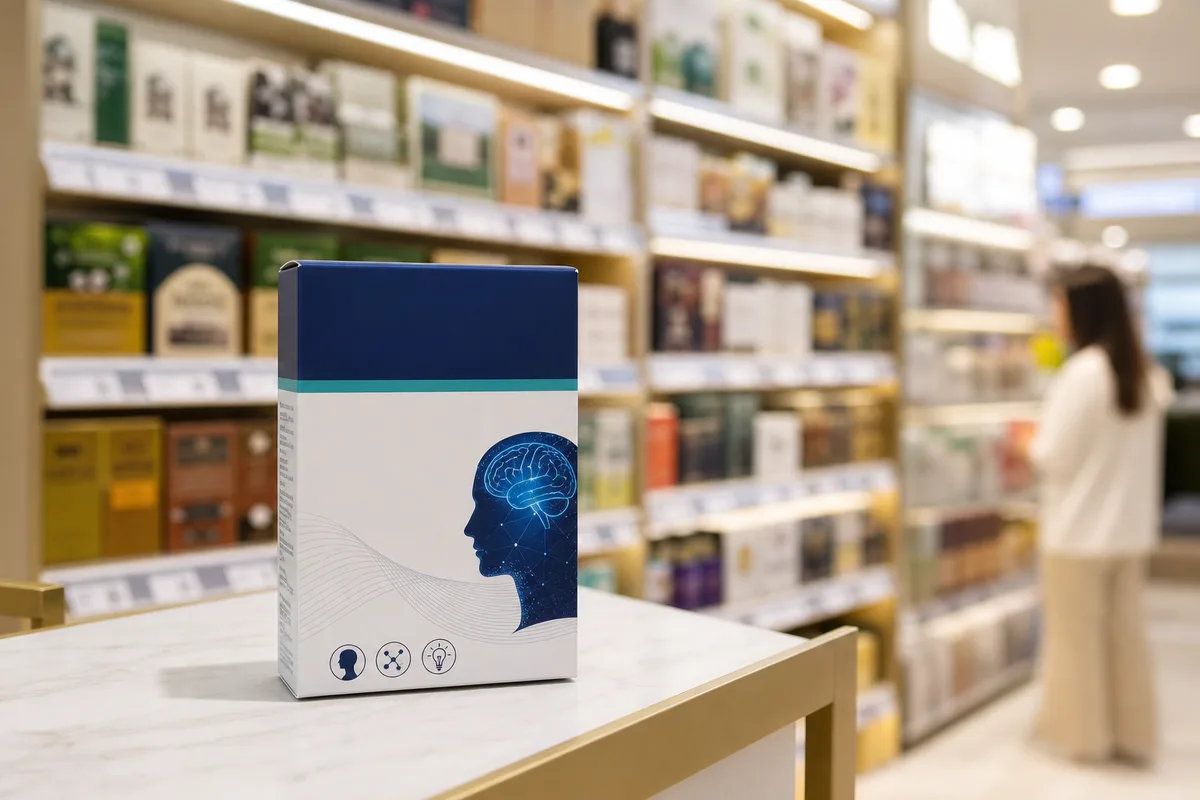 Modern supplement aisle at night with a powdered supplement sachet package in focus and blurred shelves behind