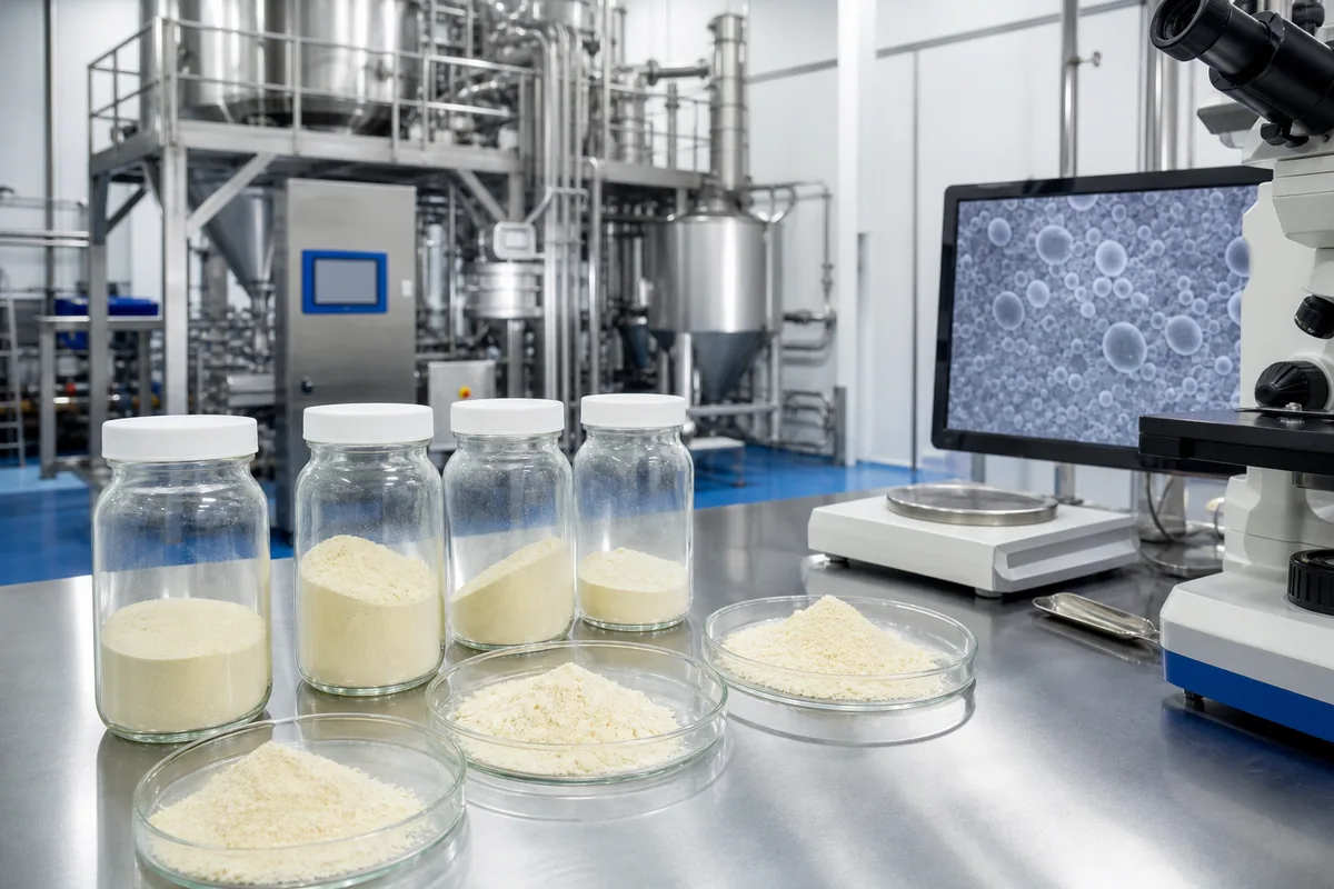 Pilot dairy drying line with powder collection vessels, phospholipid samples, and a lab screen comparing particle structures