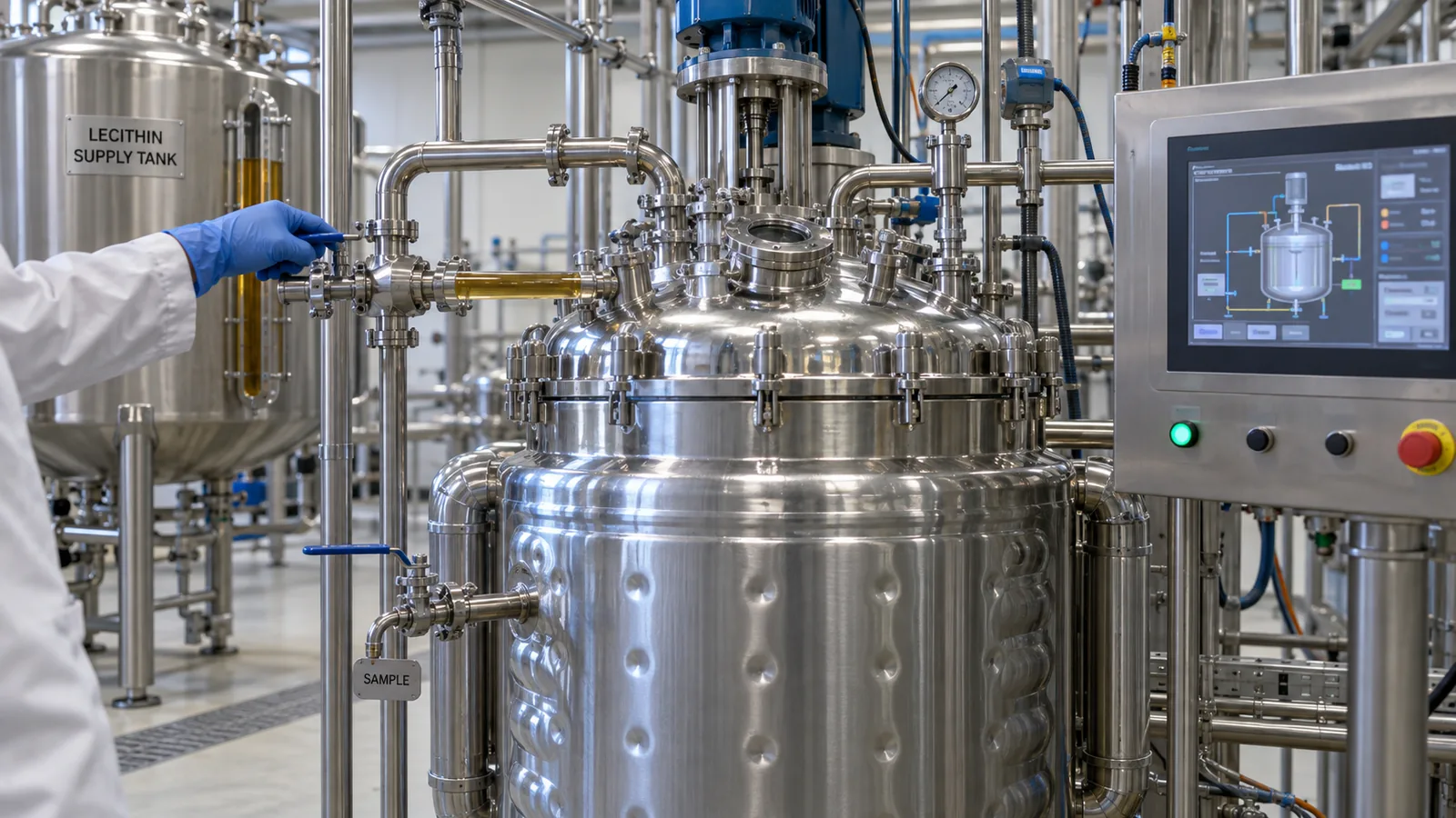 Close view of a process control panel and reaction vessel in an enzymatic phosphatidylserine conversion plant