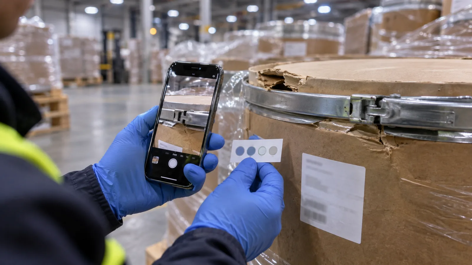Warehouse inspector photographing drum seal damage and moisture indicator on an ingredient shipment
