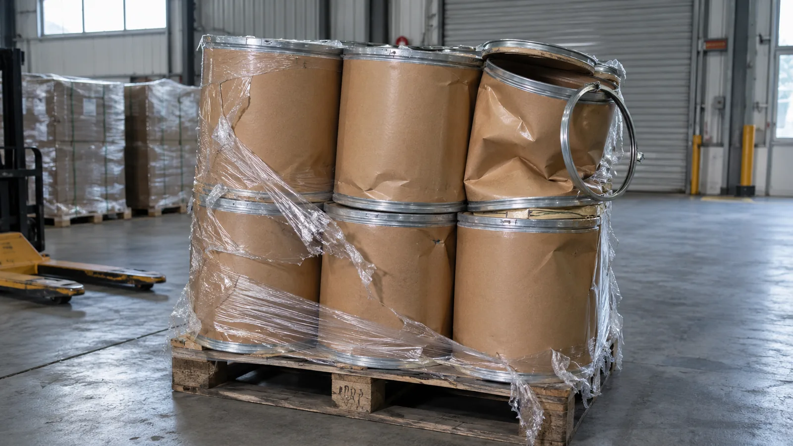 Damaged phosphatidylserine powder drums on a pallet being inspected at a warehouse receiving bay