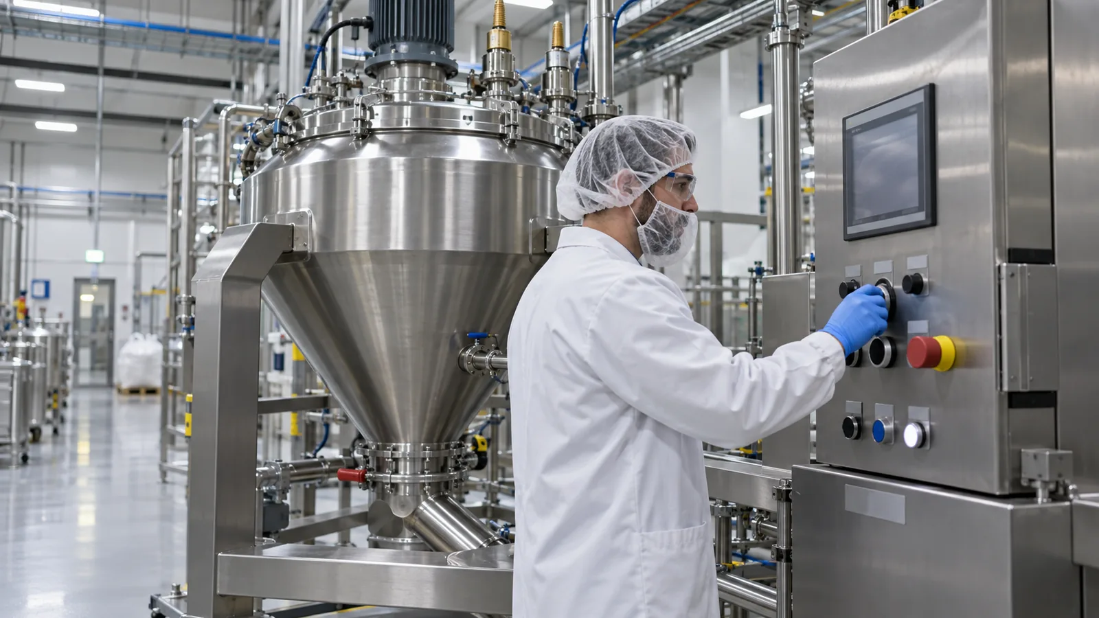 Technician in a white coat monitoring a powder blending vessel control panel inside a dietary supplement production hall