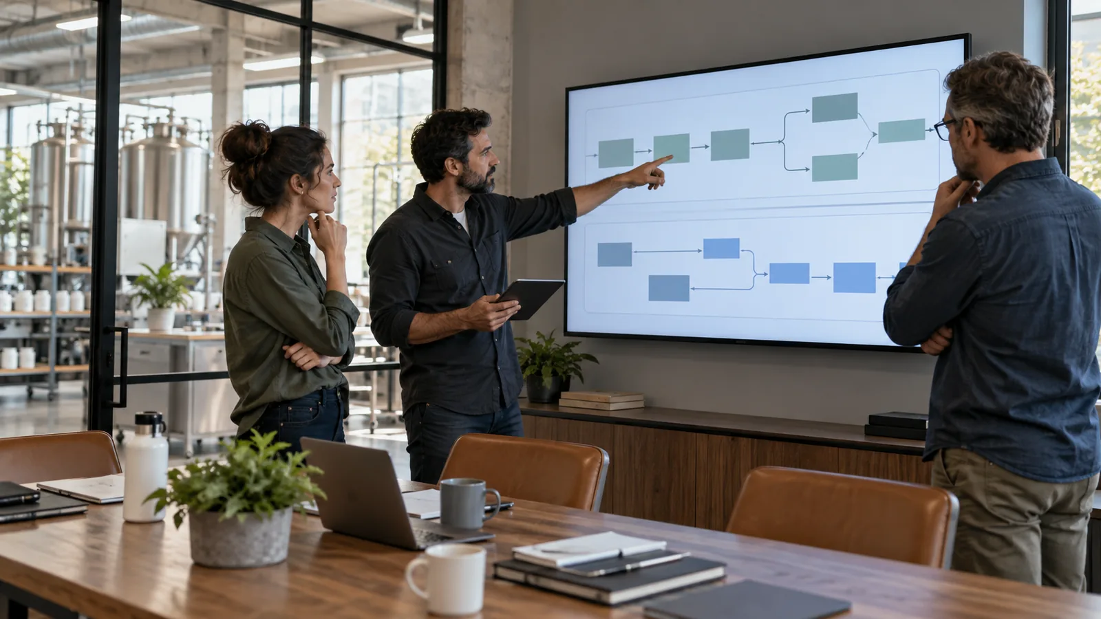 Procurement team comparing two production flowcharts on a large screen in a supplement brand's operations office