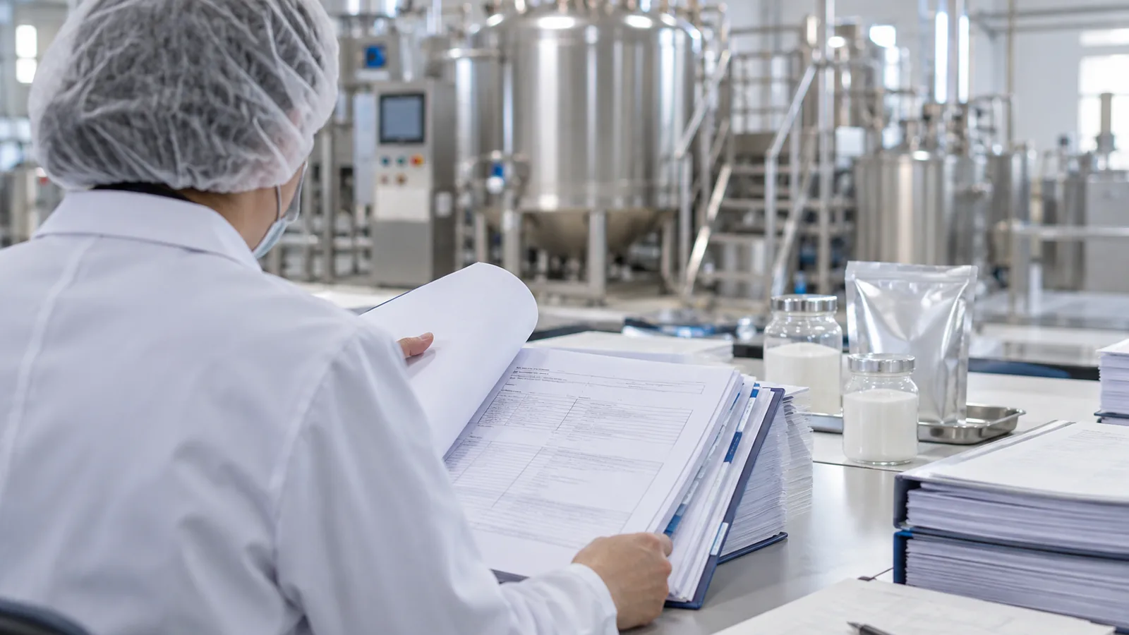 Quality manager reviewing GMP batch records and certificates in a pharmaceutical ingredient facility