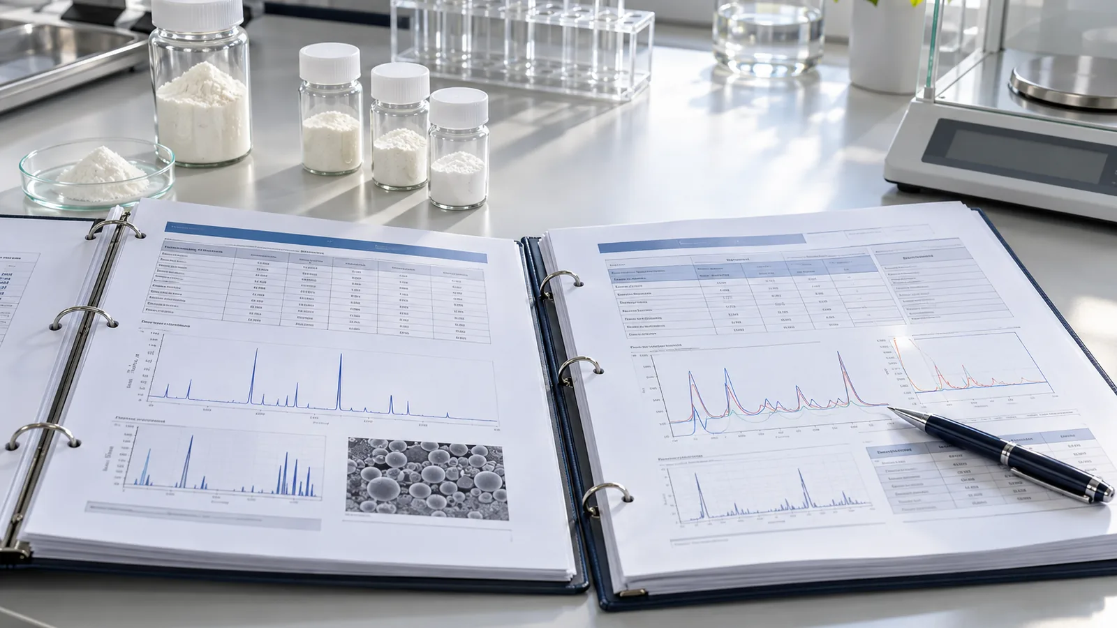 Laboratory technician comparing phosphatidylserine specification documents between two ingredient grades