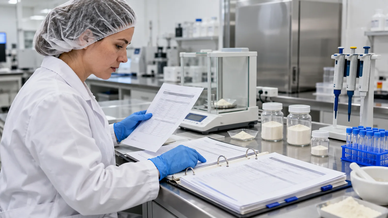 Quality assurance officer cross-checking batch certificates against a specification binder in a food ingredient laboratory