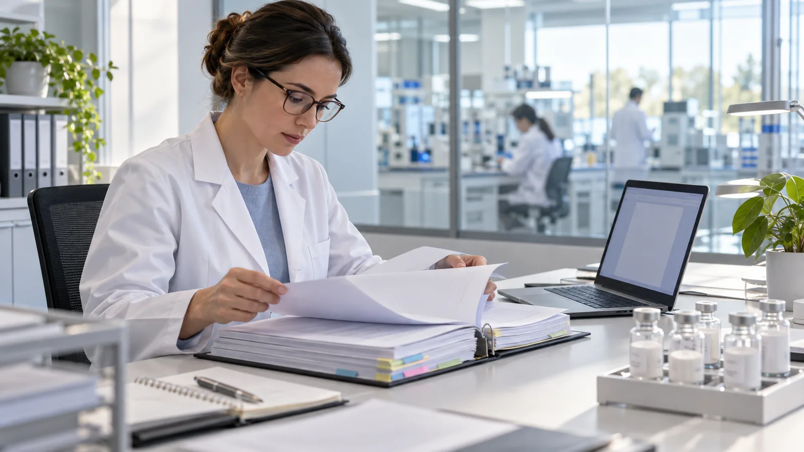 Regulatory affairs specialist reviewing pharmaceutical-style documentation in a bright quality office beside a laboratory window