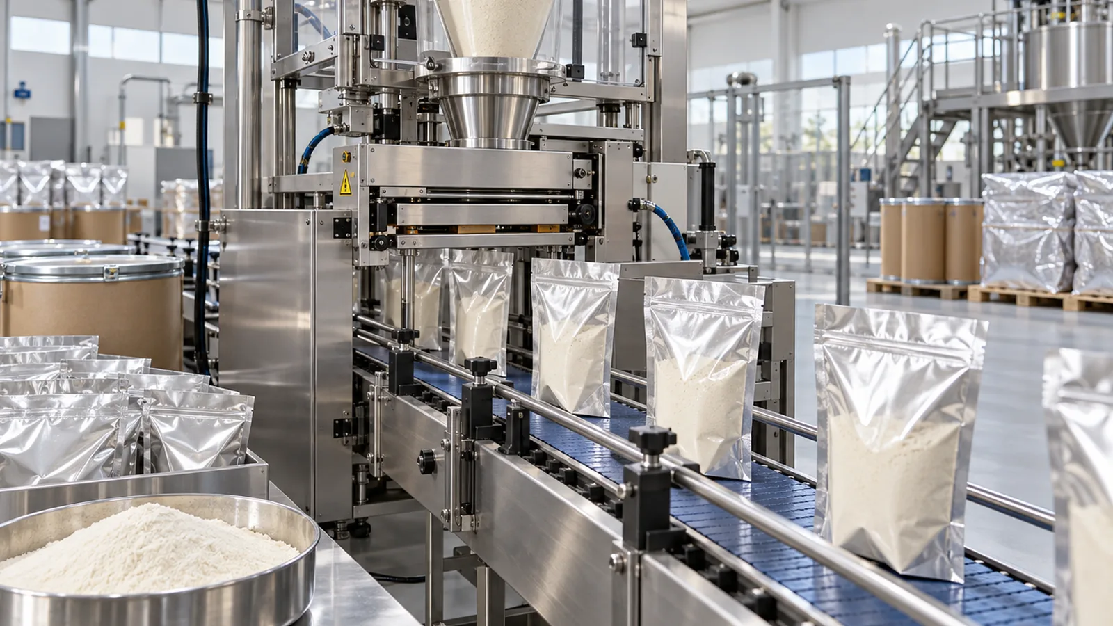 Powder packing line filling sealed aluminum bags with microencapsulated phosphatidylserine powder
