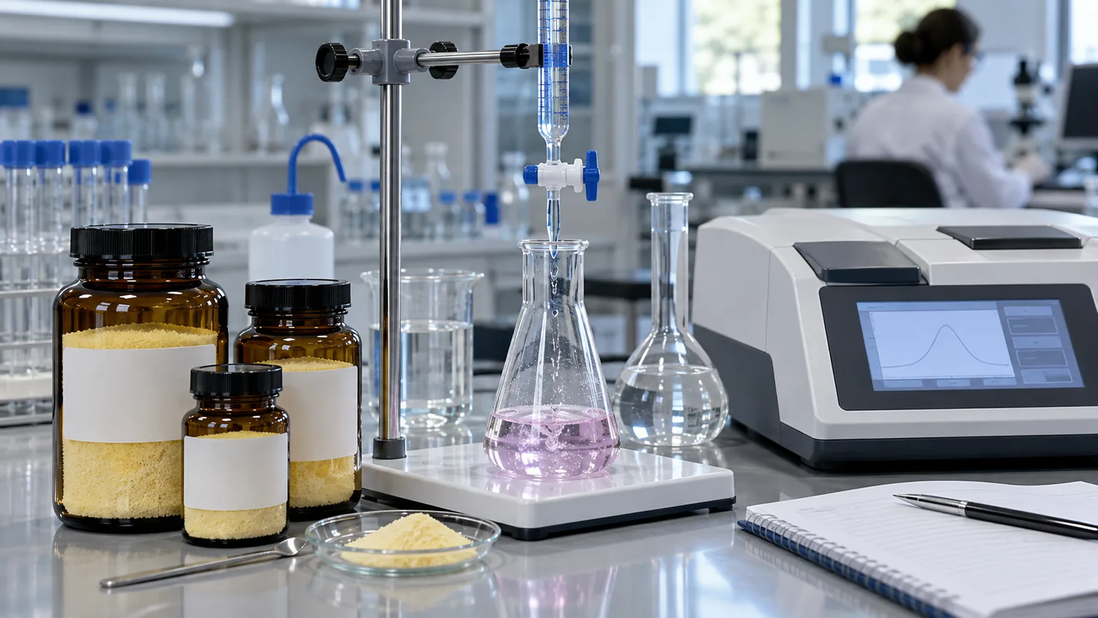 Close view of a laboratory titration and spectrophotometer reading for phosphatidylserine oxidation testing