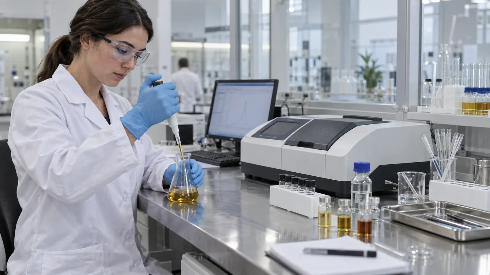 QC analyst measuring oxidative stability markers on a phosphatidylserine sample in a laboratory