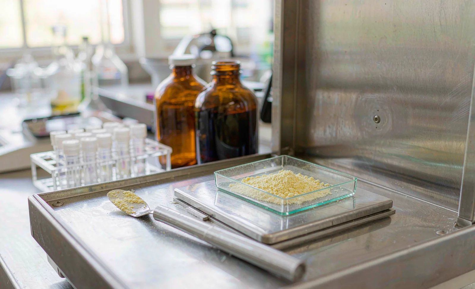 Laboratory quality control weighing of pale phospholipid powder on an analytical balance