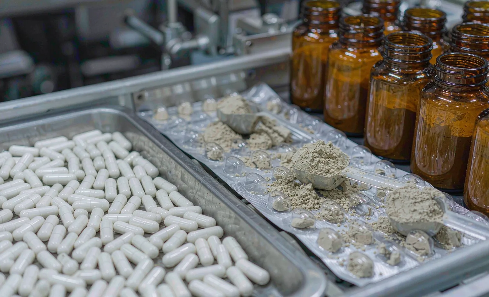 Sports nutrition manufacturing scene with bulk phospholipid capsules and powder for phosphatidylserine formulations