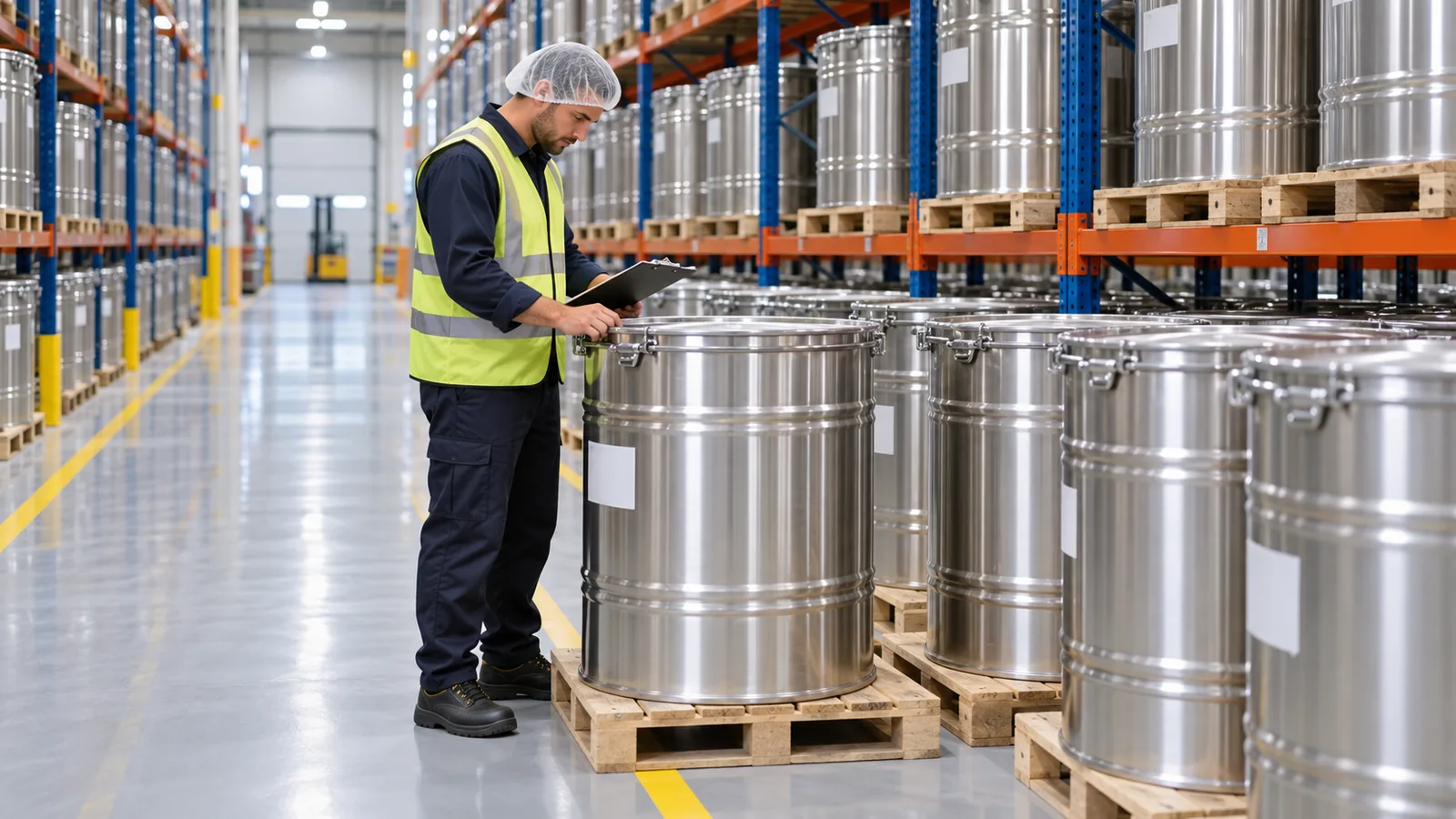 Warehouse worker inspecting sealed steel drums of plant-derived powder stacked in a bright ingredient storage facility