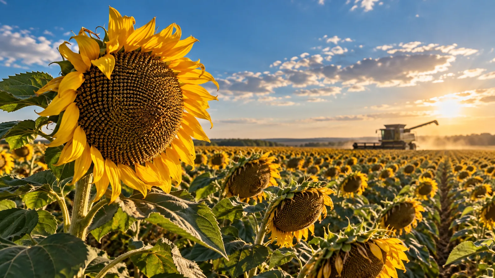Sunflower heads ripening in a vast field under summer light seen from a low angle