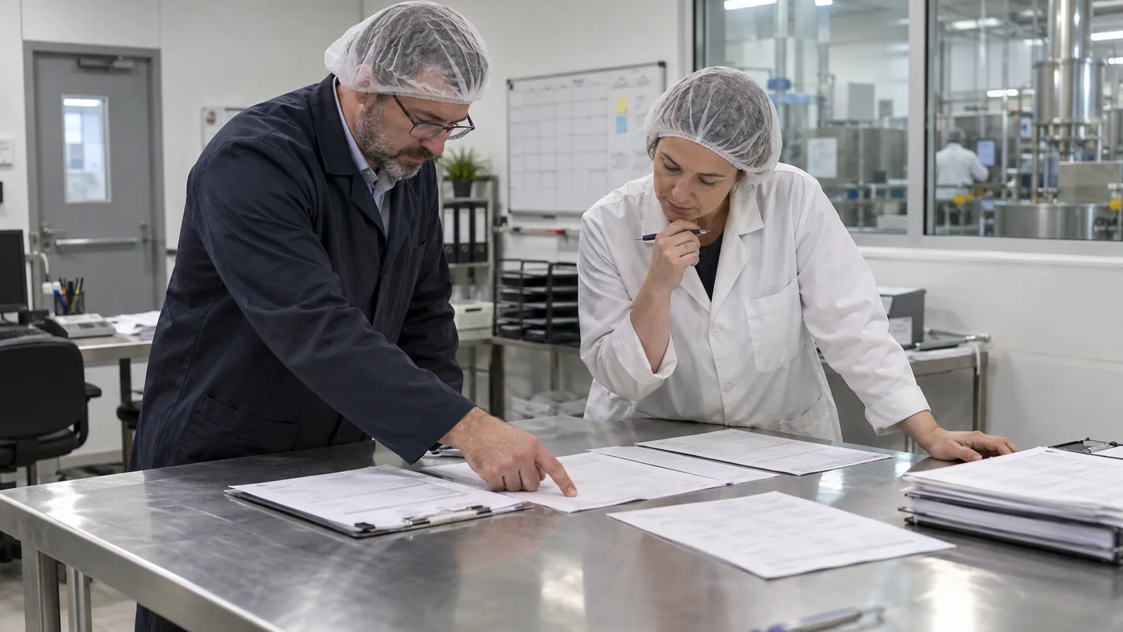 Auditor reviewing phosphatidylserine batch production records and allergen changeover documentation with a plant QA manager