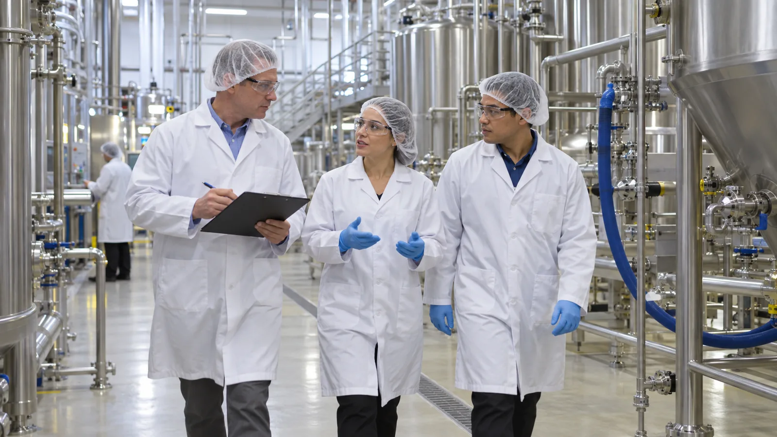 Supplier quality auditor walking a phosphatidylserine production floor with plant QA staff during an on-site audit