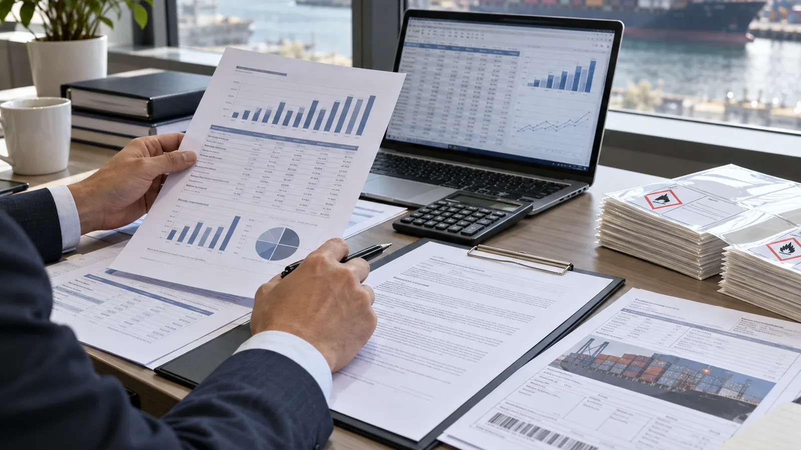 Financial analyst reviewing supplier financial documents and supply records in an office