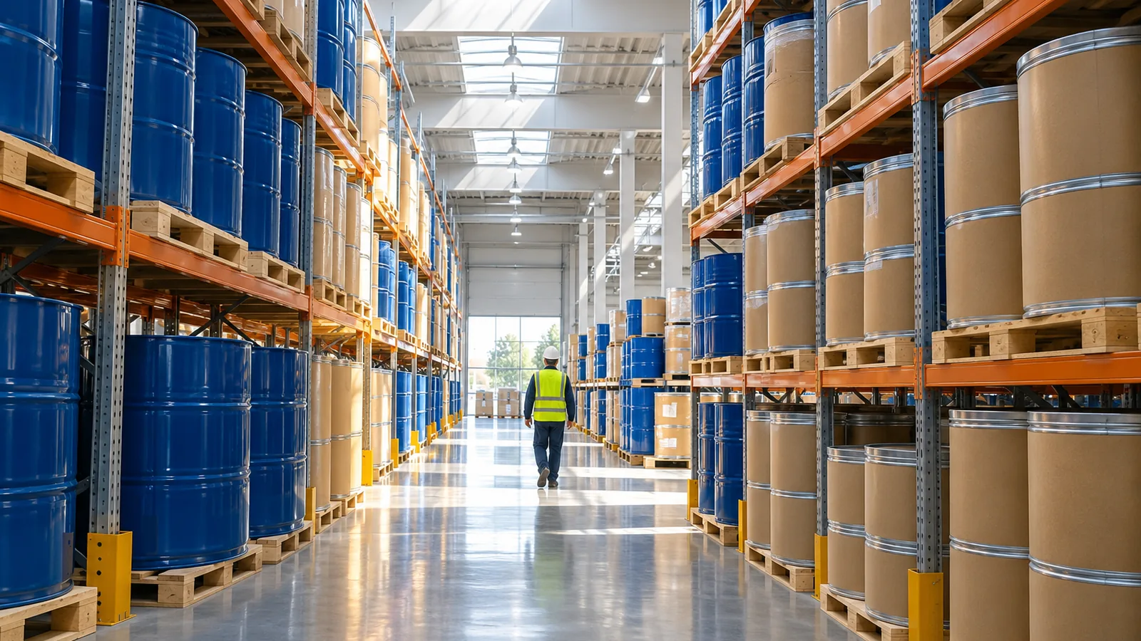 Ingredient warehouse with stacked sealed drums of phosphatidylserine ready for shipment