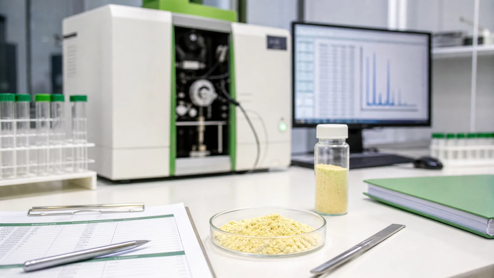 Top-down European phosphatidylserine process-contaminant review with soy and sunflower source cues, amber oil vials, phosphatidylserine powder dish, and blank QA cards beside a sealed drum edge