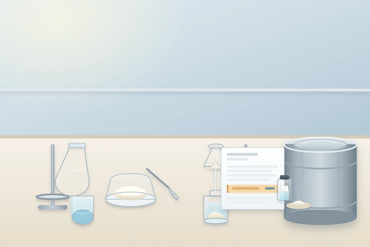 Bright analytical extraction bench for a phosphatidylserine acetone-insoluble review with a round-bottom flask of clear acetone, a fine white PS powder weighing dish, a folded filter funnel above a receiving flask with a white precipitate, a blank COA sheet with an abstract highlighted purity row, a small reagent bottle, and a sealed plain 25 kilogram drum edge in daylight