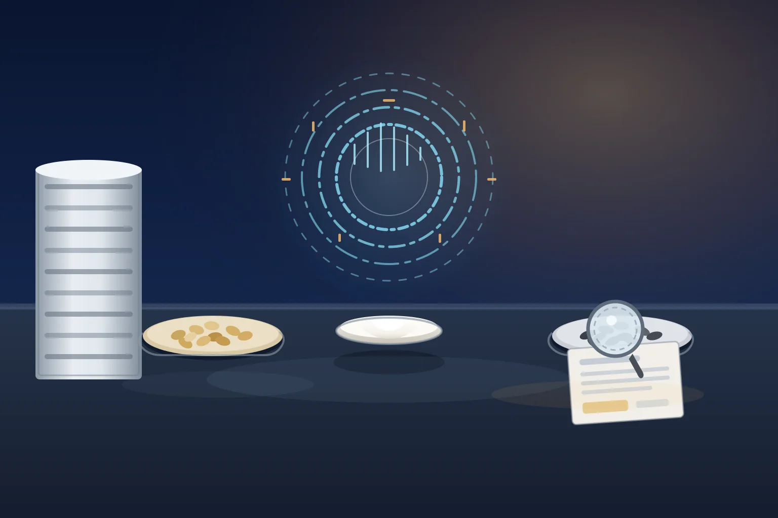 Blue-hour identity-verification bench for European phosphatidylserine authenticity review with a split source-field of soybeans in a left tray and sunflower seeds in a right tray feeding a central white PS powder dish, an abstract fingerprint-style identity ring with spectral line motif above the powder, a magnifier over a blank identity-report card, and a sealed plain 25 kilogram drum edge in deep blue laboratory lighting with warm amber accents