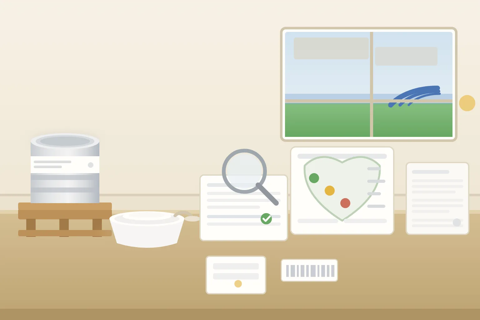 US sports nutrition banned substance screening desk with a sealed plain 25 kilogram phosphatidylserine drum on a pallet, a white PS powder dish, a blank batch-screening report card under a magnifier, an abstract shield-and-gate status board with green amber and red markers, a blank prohibited-list card with abstract rows, and a stadium running track seen through the window in daylight