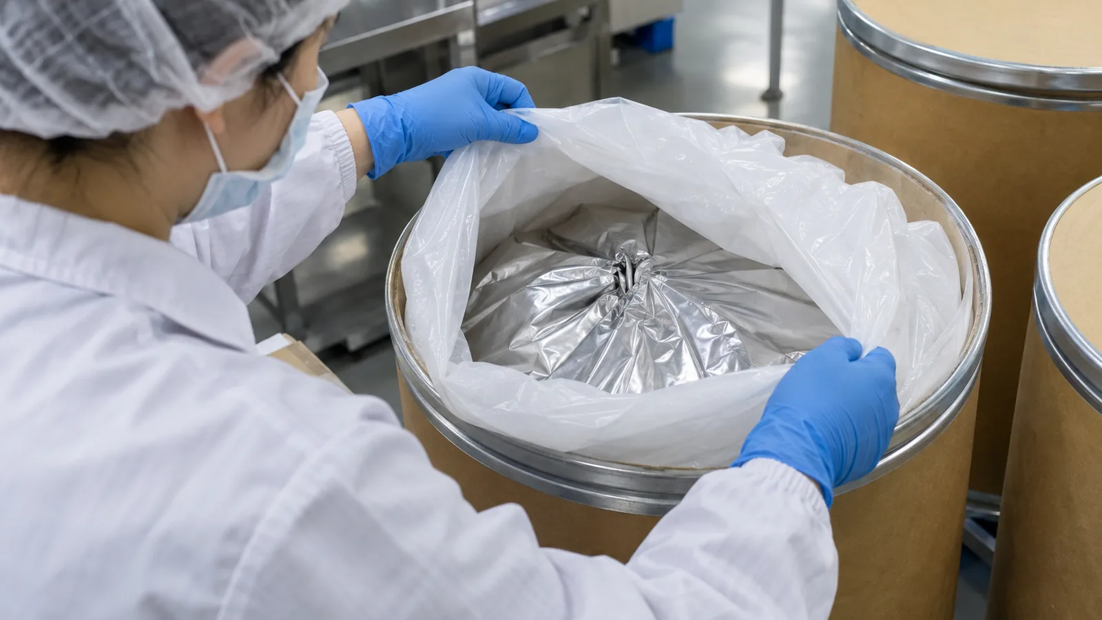 Close view of a heat-sealed aluminium foil barrier bag liner inside a phosphatidylserine drum with desiccant sachet