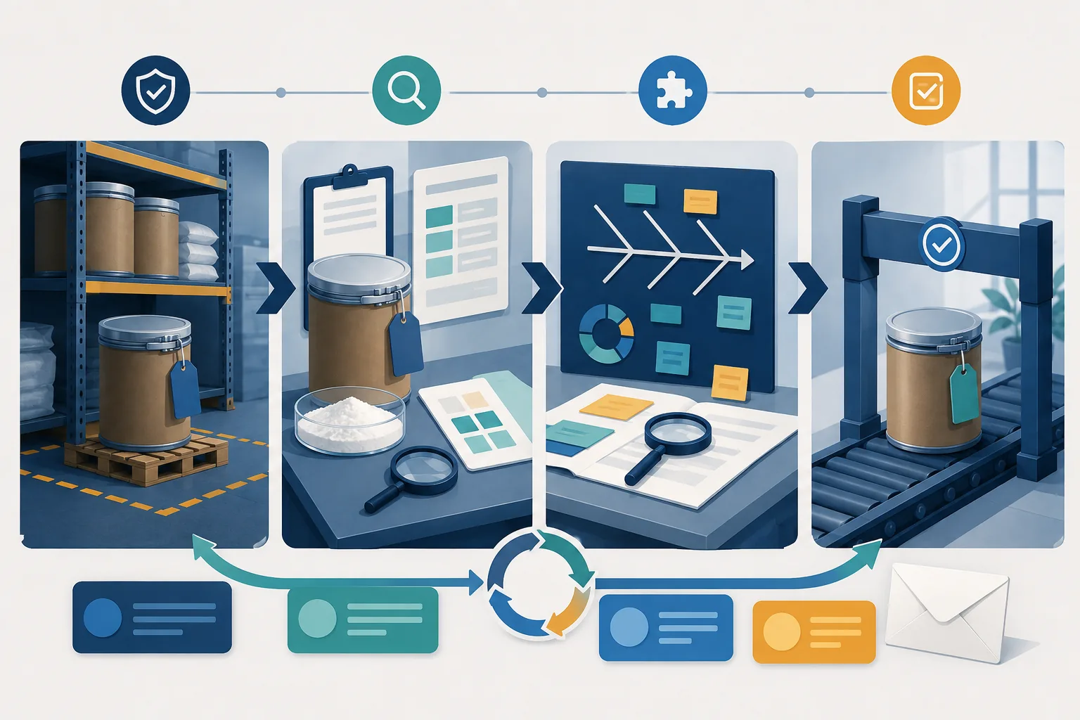 Daylight phosphatidylserine complaint-investigation workflow showing a sealed plain 25 kilogram drum, white powder sample, complaint intake card, magnifier over a highlighted lot row, root-cause fishbone board, and CAPA verification loop in a quality office