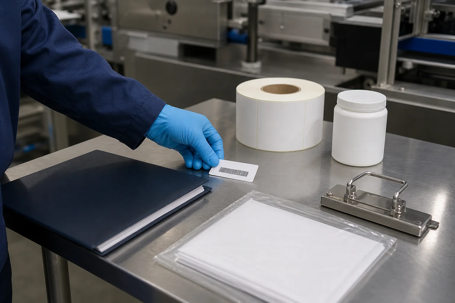 PS contract-packing handoff with line-clearance tools, lot barcode, blank label proof, and specification folder